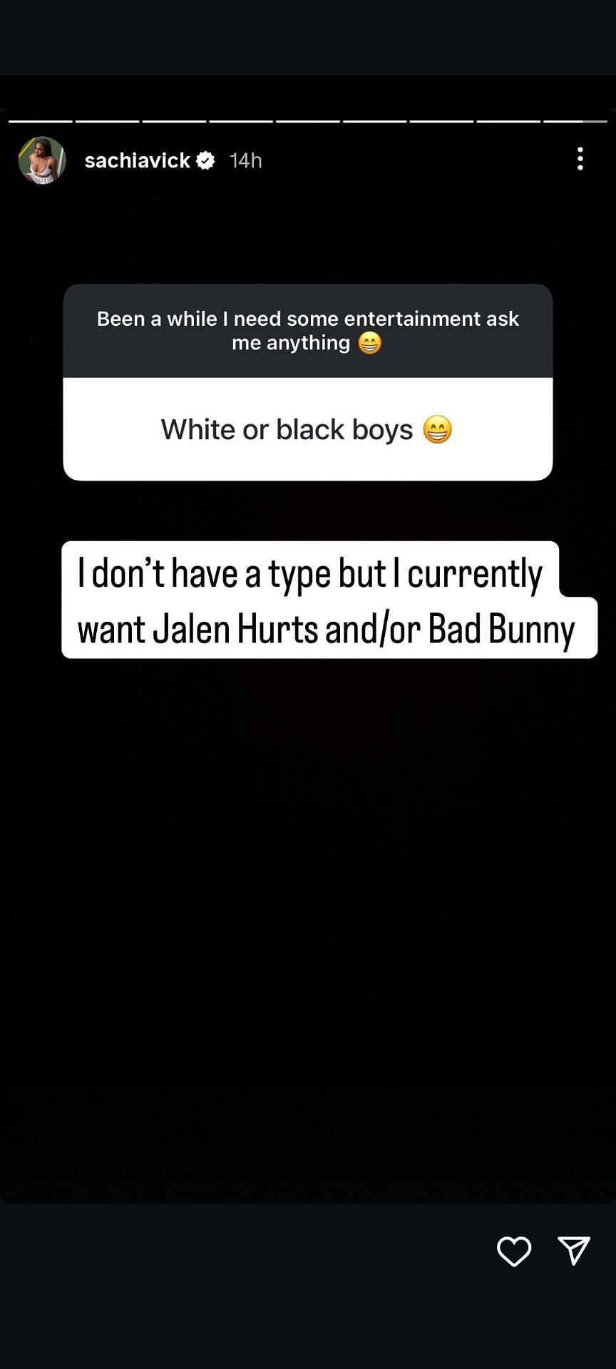 Vickery's Instagram Story featuring her mention of Jalen Hurts and Bad Bunny dated Monday, July 21, 2025 (Source: Instagram/sachiavick)
